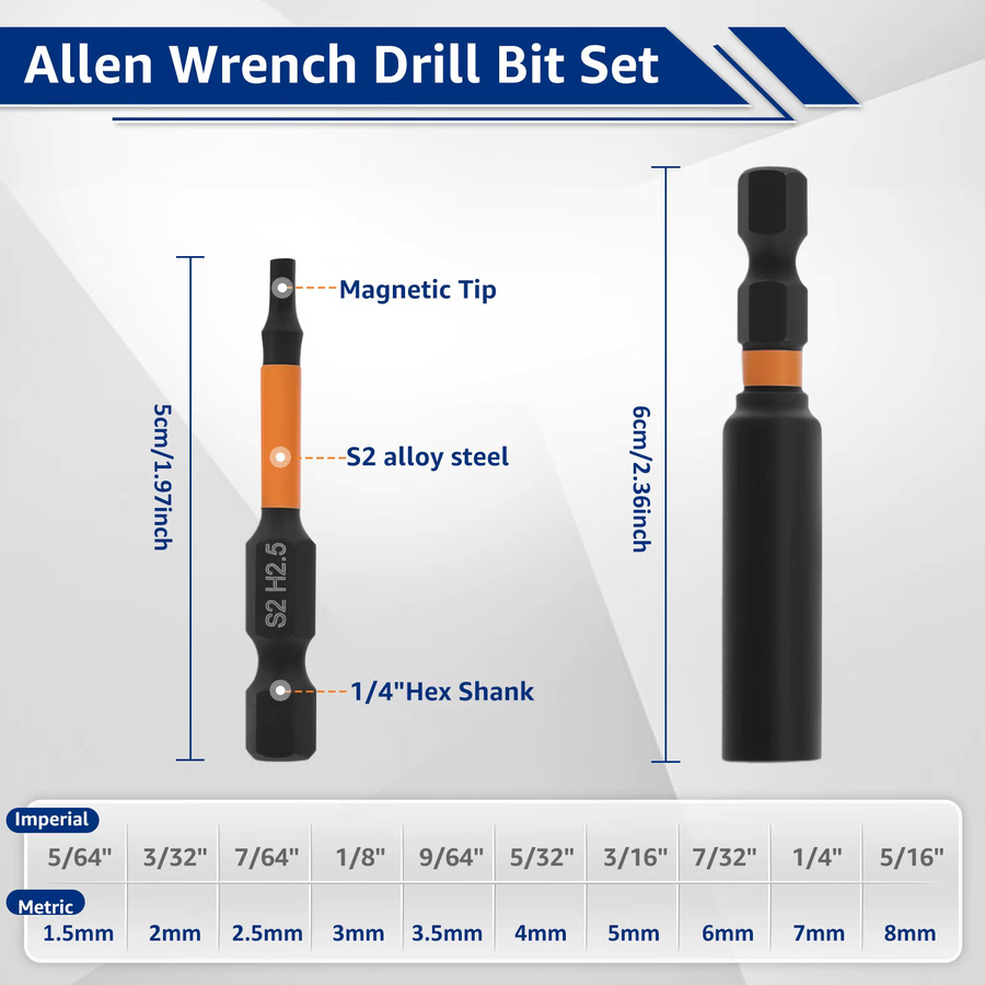 Toorise Magnetisches Inbusschlüssel Bohrer Set mit 21 Stück, Metrische & Imperial Impact Hex Kopf Schraubendreher Bits, 1/4 Zoll Hex-Schaft, Orange - Bild 1
