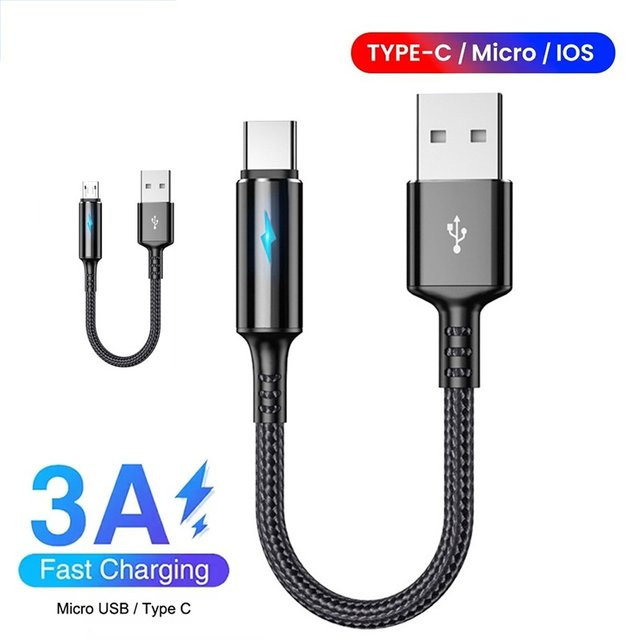 KAFNHCKA Kurzes Nylon-Ladekabel Typ C und Micro USB in Schwarz, 25 cm, 3A Schnellladung und Datenkabel - Bild 1