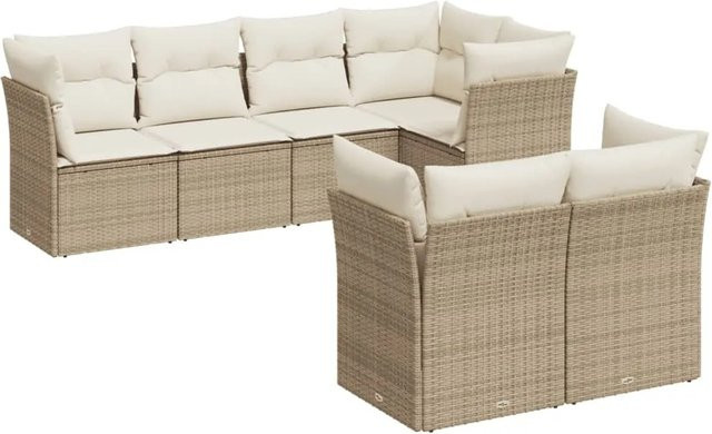 vidaXL 7-tlg Garten-Sofagarnitur L-Form aus Poly Rattan in Beige mit Kissen und abnehmbaren Bezügen - Bild 1