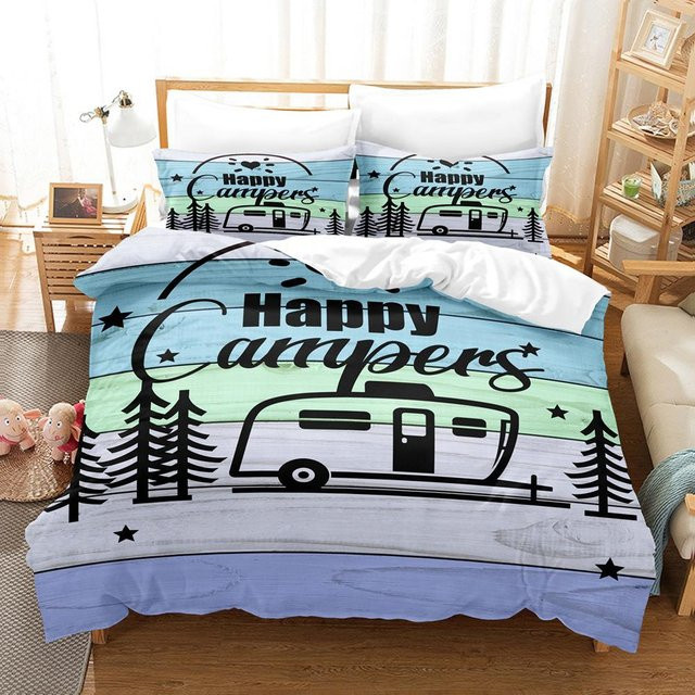 3-teiliges Bettwäscheset JMG Household Supplies Happy Camper in Blau, Material Mikrofaser Polyester, Inhalt: 1 x Bettbezug und 2 x Kissenbezüge, B/H: 172 x 218 cm - Bild 1