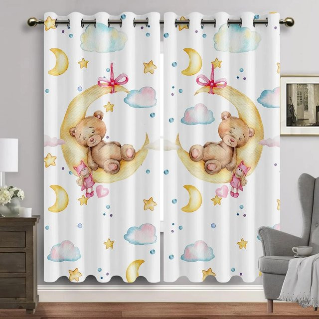 Yiran Furniture Vorhang mit Aquarell Tierprint Hase und Bär für das Babyzimmer, blickdicht, Mehrfarbig, Breite: 135 cm, Höhe: 245 cm - Bild 1