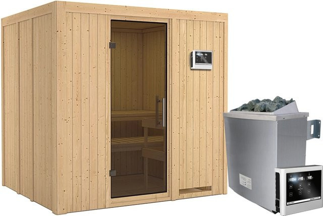 Karibu Sauna SODIN in braun und grau mit 9,0 kW Ofen, externem Steuergerät und Ganzglastür in Graphit - Bild 1