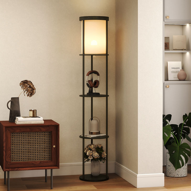 HOMCOM Stehlampe mit 3 runden Regalen und Stoffschirm in Schwarz für Wohnzimmer und Schlafzimmer - Bild 2