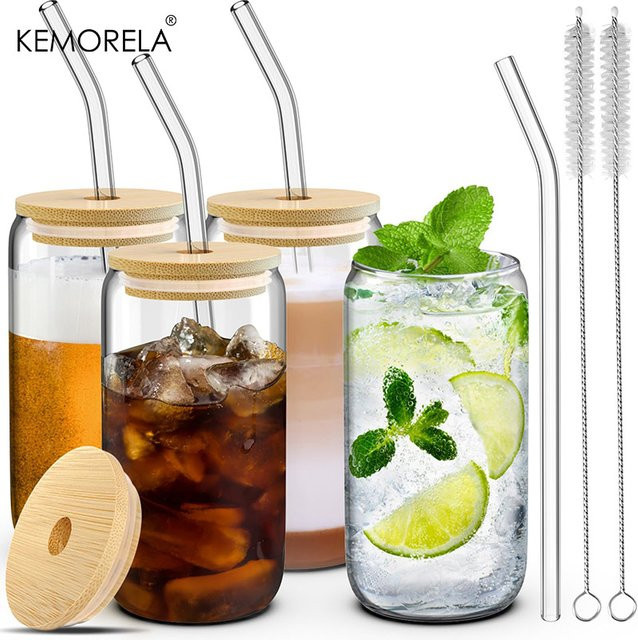 KEMORELA Glas Becher mit Holzdeckel und Stroh, transparent, 400 ml - Bild 1