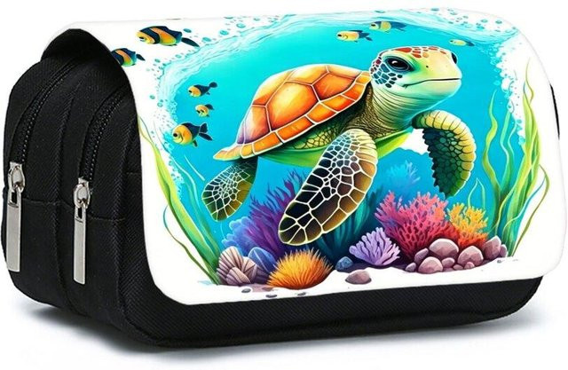 Doppellagiges Klapp-Federmäppchen von Fancy Style Studio mit Meeresschildkröte und Korallenmuster in Blau und Multicolour - Bild 1