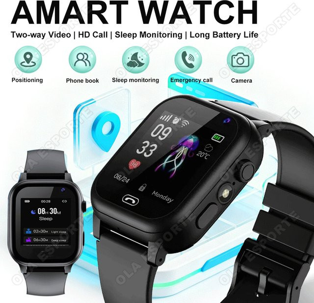Ola Esporte 4G Kinder-Smartwatch mit GPS-Ortung, HD-Kamera, Videoanruf und Schlafüberwachung, wasserdicht, in Pink oder Schwarz - Bild 1