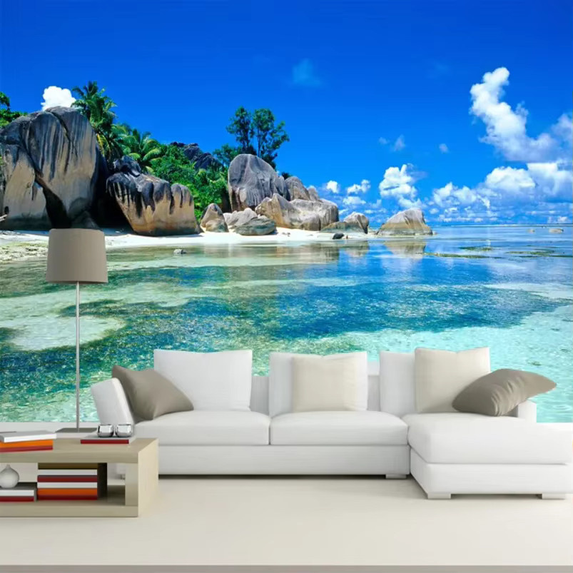 Personalisierbare 3D Vlies Tapete mit Ozean und Strand Motiv in Blau für dein Wohnzimmer oder Schlafzimmer - Bild 2