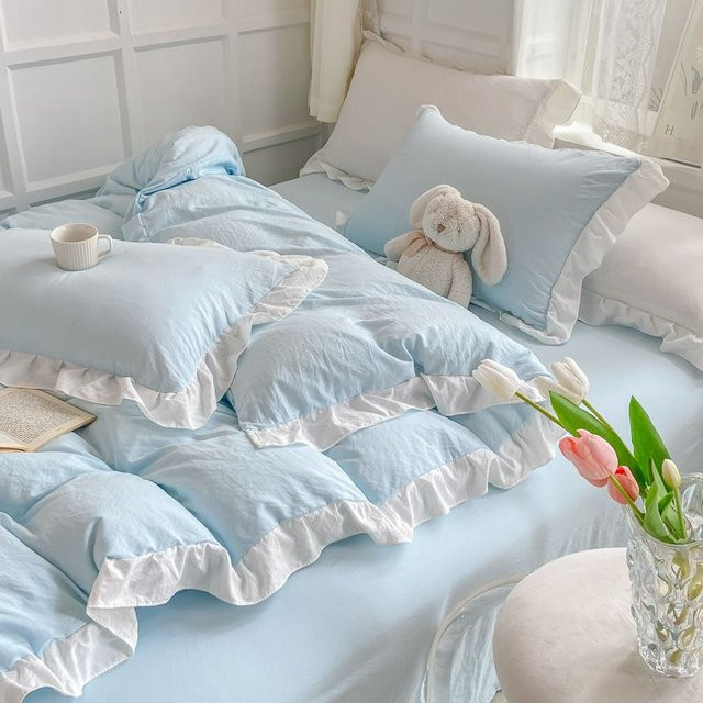 DZQ Bettwäsche-Set Korean Princess Style aus gewaschener Baumwolle mit Rüschen in Pink und Blau, 4-teilig, B: 150 cm, L: 200 cm - Bild 1