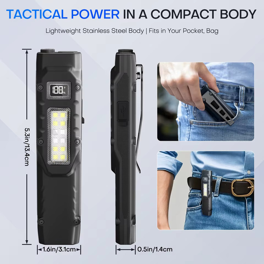YEMAO Taktische LED-Taschenlampe Schwarz, Wiederaufladbare flache EDC-Taschenlampe mit Digitalanzeige und zwei Schaltern - Bild 2