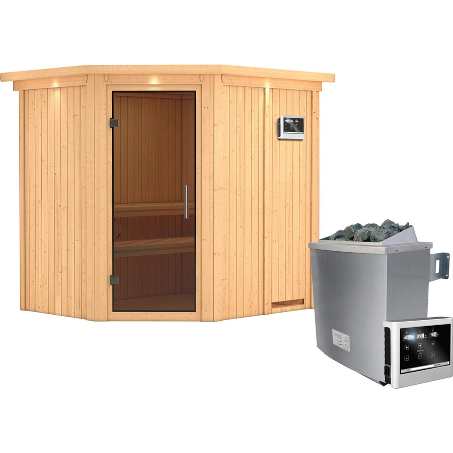 Karibu Sauna Swenna in Graphit inklusive 9 kW Ofen, externem Steuergerät, Dachkranz und Ganzglastür - Bild 2