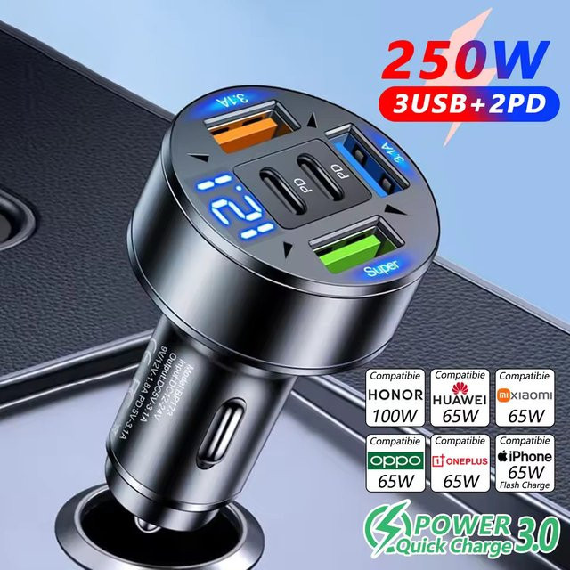 250W 5-Port USB-Autoladegerät mit PD QC3.0 USB-C und Spannungsanzeige für iPhone, Samsung, Huawei und Xiaomi - Bild 1