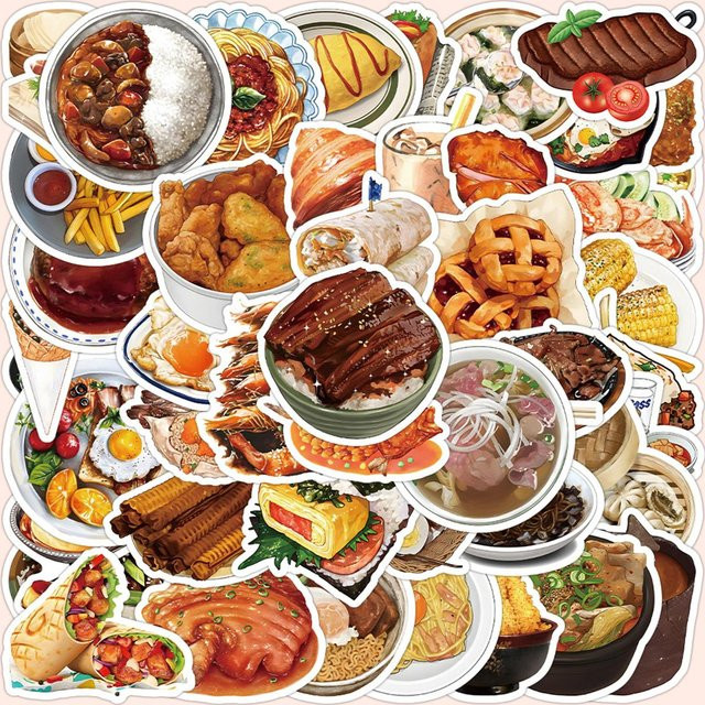 60 Stück Lebensmittel-Aufkleber in Multicolour mit realistischen Motiven wie Reisschalen, Nudeln und Barbecue aus Papier - Bild 1