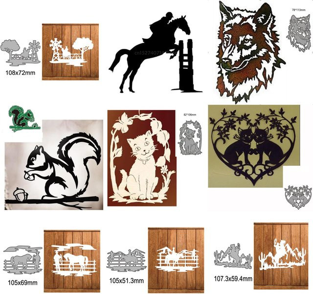 Metall Stanzform für Scrapbooking mit Tier-Motiven Pferd und Katze zur Papiergestaltung und Prägung - Bild 1