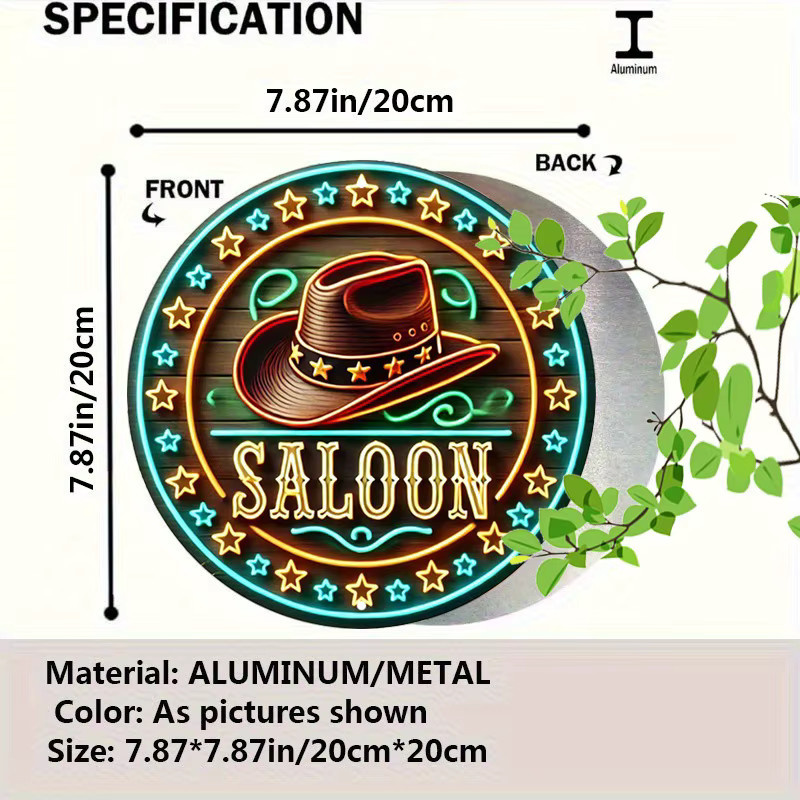 Potdemiel Retro Western Saloon Cowboyhut Rundes Metallschild mit Neonlichteffekt, Durchmesser: 20 cm, Mehrfarbig - Bild 2