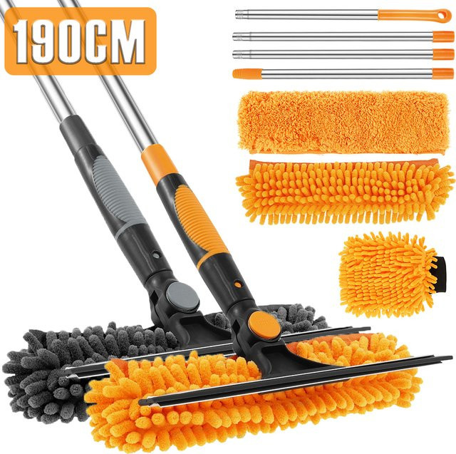 Willstar 2-in-1 Fensterreinigungsset mit Teleskopstange, doppelseitiger Glasabzieher und 180 Grad schwenkbarem Mopp, Orange, Höhe: 190 cm - Bild 1