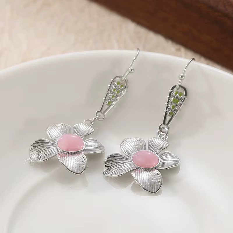 Futz Anhänger-Ohrringe, Vintage, Blumenform, Rosa Stein, Silber, Damen - Bild 2