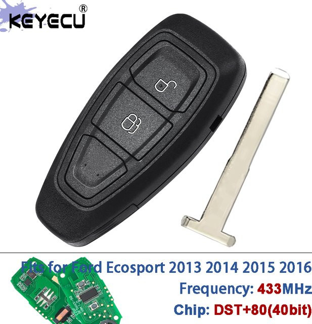 KEYECU Smart-Fernbedienungsschlüssel für Ford Ecosport 2013 bis 2016, 433MHz FSK, DST+80 (40bit) Chip, 2-Tasten, Schwarz, mit ungeschnittenem Schlüsselblatt - Bild 1