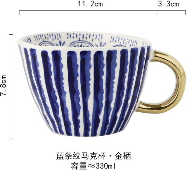 Handbemalter Keramikbecher mit geometrischem Design und goldenem Griff, handgefertigte Tasse für Kaffee oder Tee, Blau-Gold, 330 ml - Bild 1
