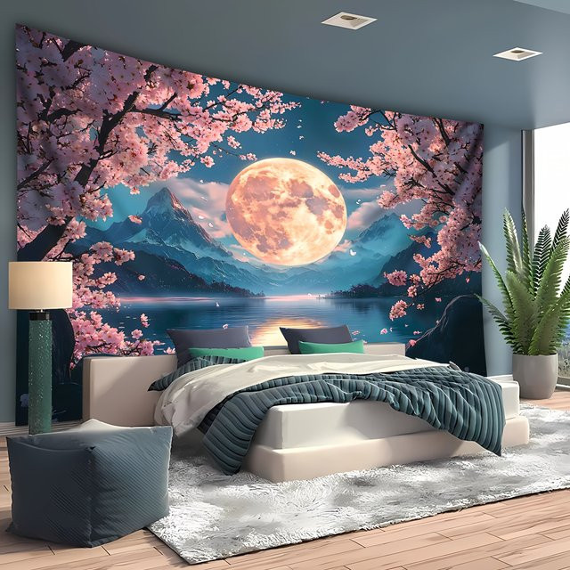 VIKAMA Wandteppich mit Nachtlandschaft und Mond-Motiv, Mehrfarbig, B/H: 75 x 58 cm - Bild 1
