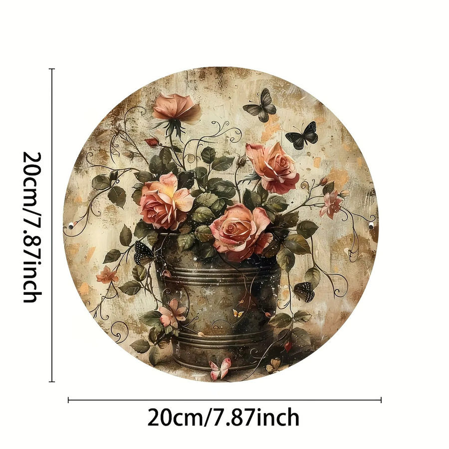 Potdemiel Vintage Blumen Wandkunst aus Aluminium, rundes dekoratives Schild in Mehrfarbig, Durchmesser: 20,3 cm - Bild 2
