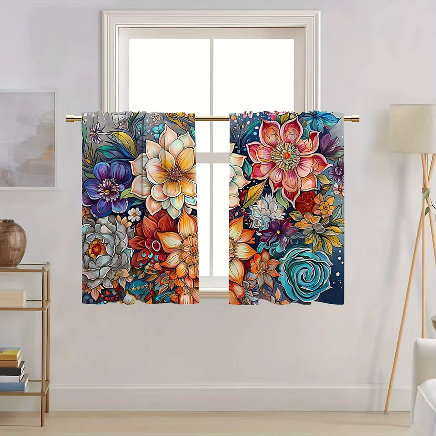 VIKAMA Bohemian Floral Küchenvorhänge mit Raffhalter, halbtransparente Vorhänge in Multicolour für Schlafzimmer oder Café - Bild 3