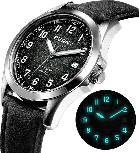 BERNY Armbanduhr Automatik, Edelstahl, Leder, Schwarz, Herren - Bild 1