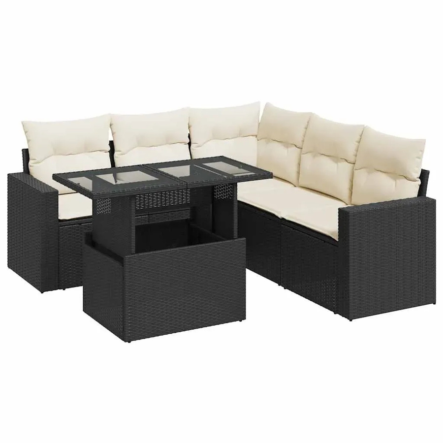 vidaXL 6-teilige Garten-Sofagarnitur in L-Form aus schwarzem Poly-Rattan mit Kissen und pulverbeschichtetem Stahlgestell - Bild 2
