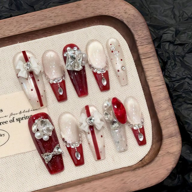 YADORNOS Kunstnägel, Rot, Glänzend, 3D-Schleife, Kristall-Design, Unisex - Bild 1