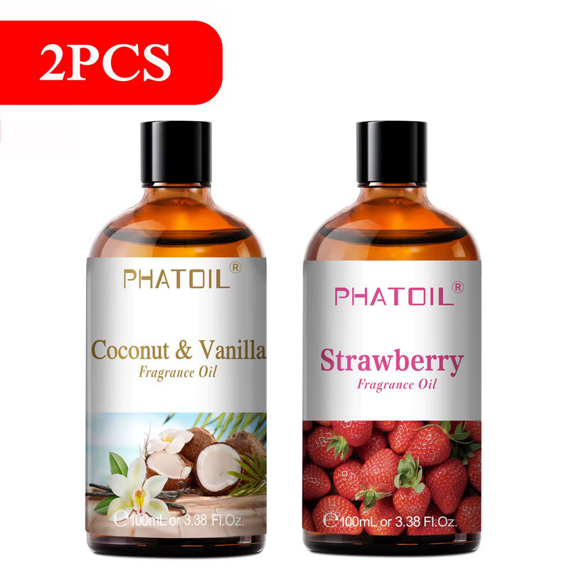 PHATOIL Fruchtduftöl Set für Aromatherapie mit Kokosnuss, Vanille, Limette, Mango, Erdbeere und Kirsche, 100 ml Glasflaschen, transparent - Bild 2
