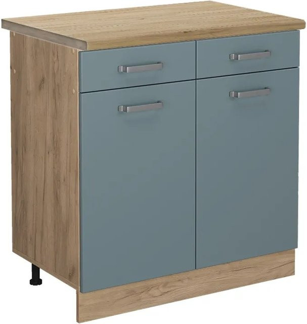Vicco Küchenunterschrank R-Line in Blau-Grau und Eiche mit Goldakzenten, B/T/H: 80 x 60 x 76,6 cm - Bild 1