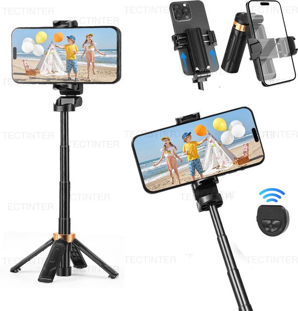 TECTINTER Multifunktions Selfie-Stick-Stativ mit abnehmbarer kabelloser Fernbedienung und Telefonhalter in Schwarz - Bild 1