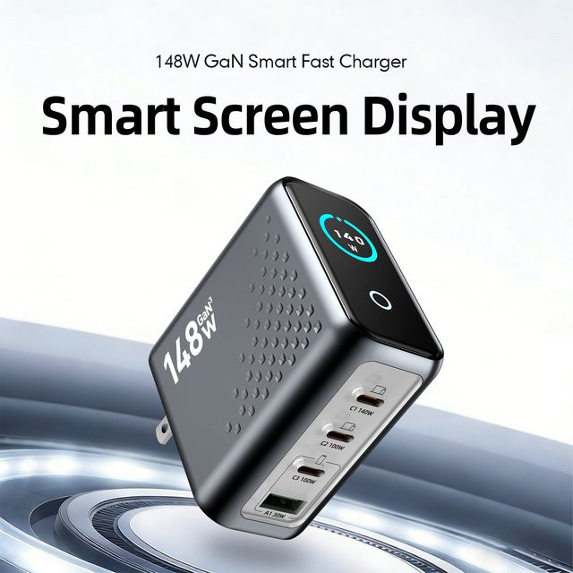 Deepartner 148W GaN Multi-Port Ladegerät mit Display, 4 Anschlüsse (3x USB-C, 1x USB-A) für Schnellladung von Handys und Tablets - Bild 1
