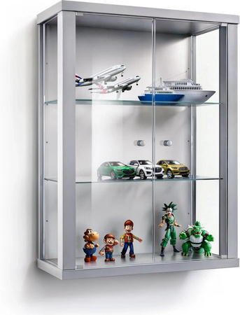 K-Möbel Hängevitrine aus Glas und Spanplatte in Silber mit 2 höhenverstellbaren ESG-Glasböden B/H/T: 80 x 60 x 25 cm