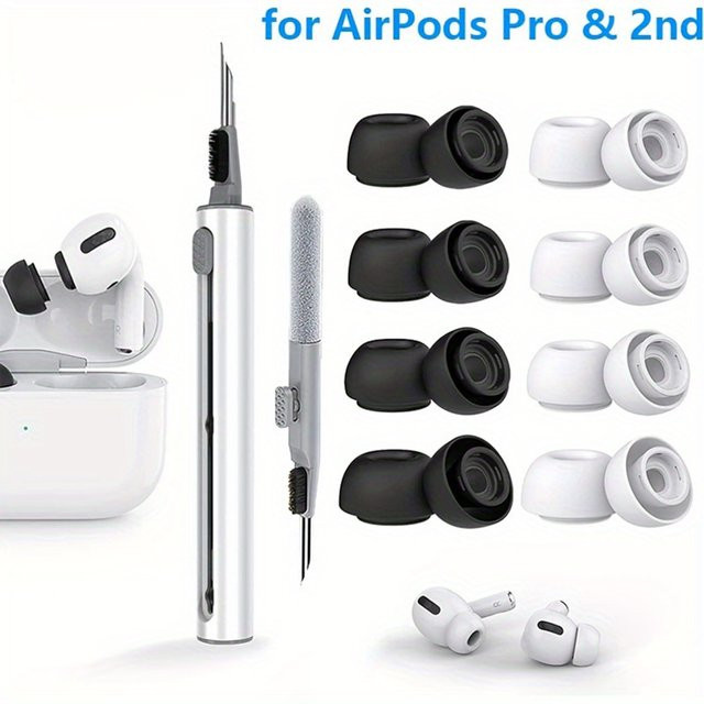 Set aus 4 Paar Silikon-Ohrstöpseln und 2-in-1 Reinigungsbürste für Apple AirPods Pro 1 und 2 sowie Bluetooth-Kopfhörer - Bild 1
