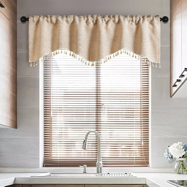 Kurzer Vorhang aus Polyester mit Quaste und Schlaufen für Fenster und Türen, Farbe: Braun oder Beige - Bild 1