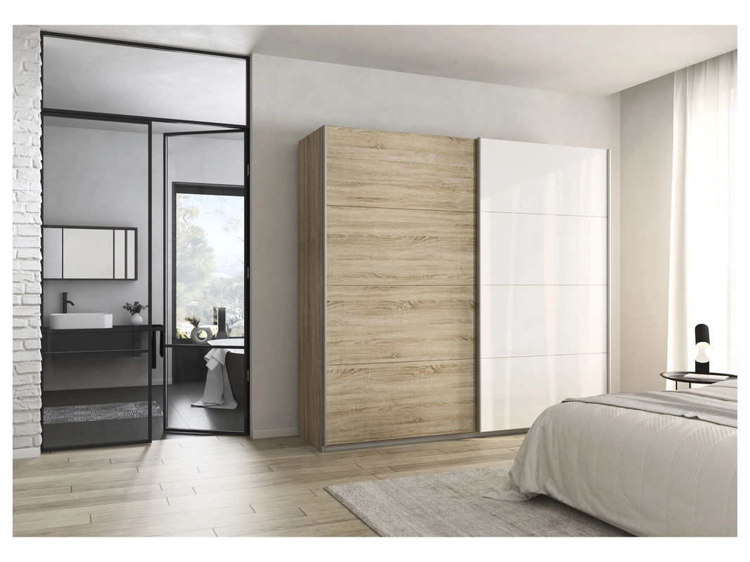 RAUCH Quadra Schwebetürenschrank mit Glaselementen, Korpus Eiche und Glas Weiß, B/H: 226 x 210 cm - Bild 2