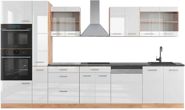 Vicco R-Line Küchenzeile Weiß Hochglanz und Goldkraft Eiche mit Hochschrank Anthrazit, Breite: 350 cm - Bild 1