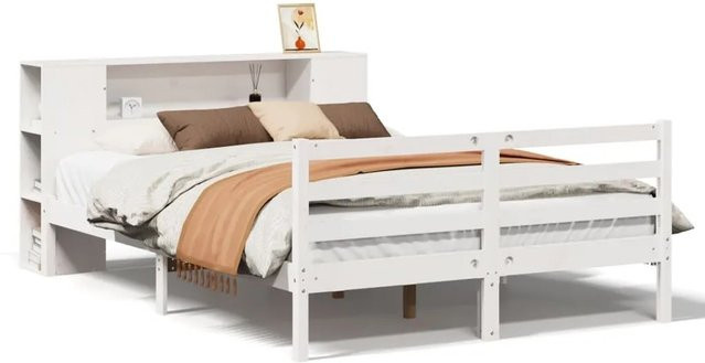 vidaXL Massivholzbett aus Kiefer mit Kopfteil und Regal in Weiß, B/T/H: 160 x 200 x 82 cm - Bild 1
