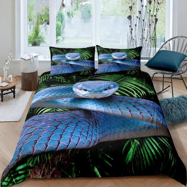 JMG Household Supplies Bettwäsche Set mit 3D Schlangen- und Palmblatt-Motiv in Blau, King Size für Kinder und Teenager, Material Mikrofaser/Polyester, B/H: 133 x 70 cm - Bild 1
