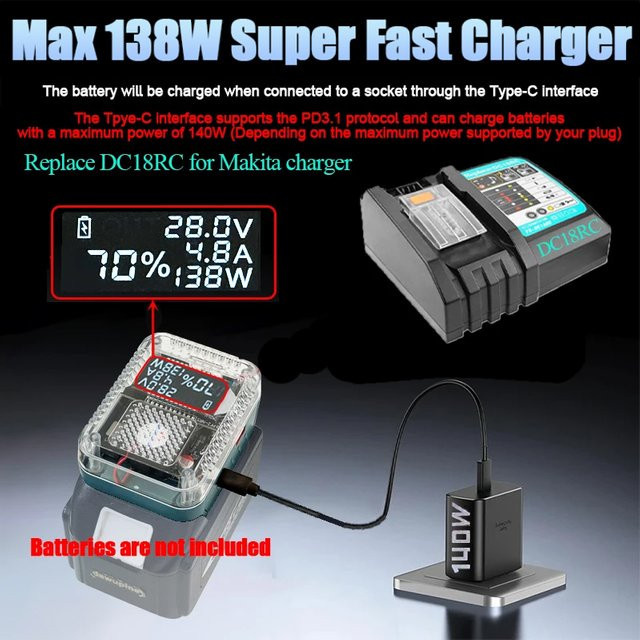 Dawupine Lithium-Ionen Batterie Adapter Konverter mit Digital Display und USB Typ-C für Makita, DeWalt und Milwaukee Ladegeräte - Bild 1