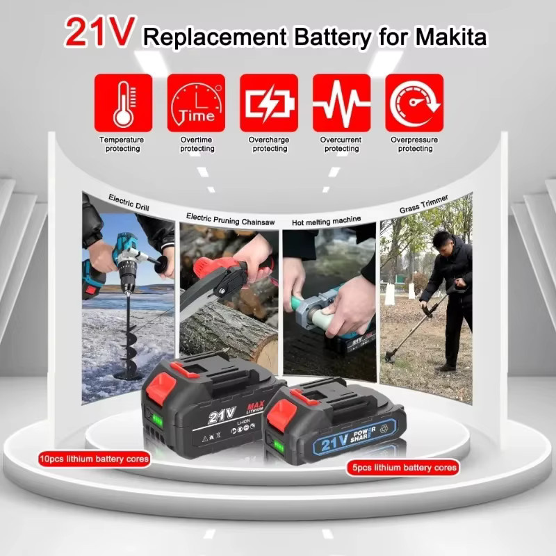 XMSJ Wiederaufladbare Lithium-Ionen-Batterie 18V 21V mit Kapazitätsanzeige in Schwarz als Ersatzakku für Makita Akku-Bohrschrauber und Elektrowerkzeuge - Bild 2