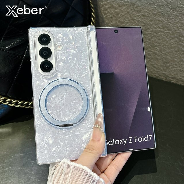 Magnetische rotierende Halterung Hülle mit Muster für Samsung Galaxy Z Fold 7 6 5, Ultradünne Stoßfänger-Abdeckung aus hartem PC, Blau Transparent - Bild 1