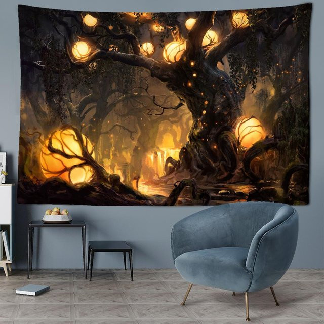 Super Six Wandteppich Psychedelischer Wunschbaum im Boho-Stil, abstrakter Wandbehang mit geheimnisvollem Wald-Motiv, Mehrfarbig, Breite: 150 cm, Höhe: 100 cm - Bild 1