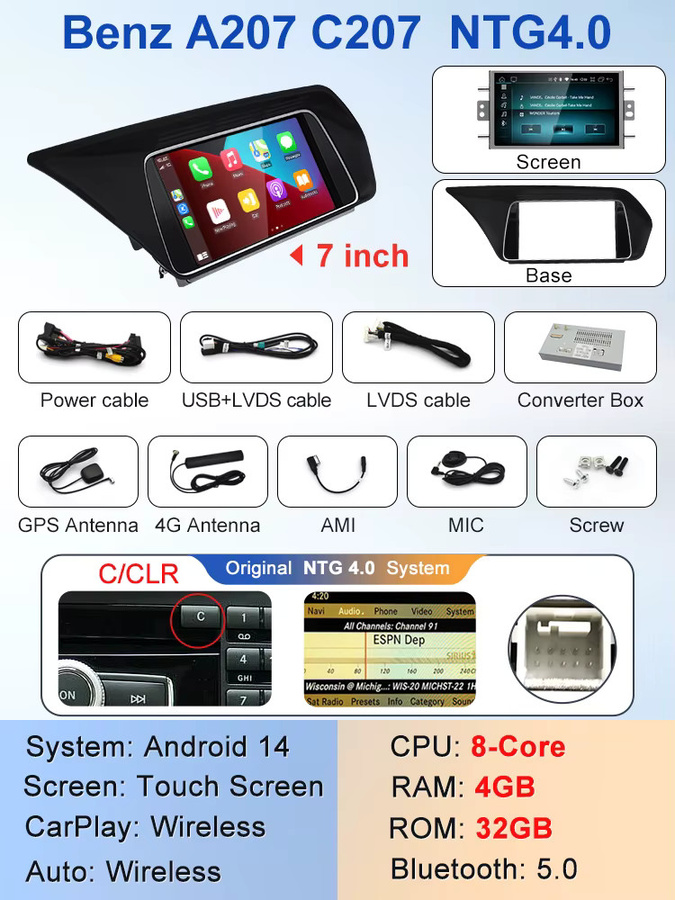 STWEI Android 14 Auto Multimedia-Player mit 7 Zoll Display, GPS Navigation und CarPlay für Mercedes Benz E Klasse W207 A207, Schwarz - Bild 6