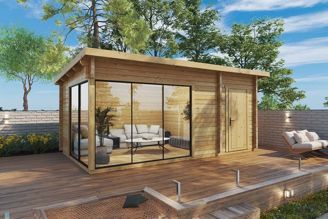 Modernes Gartenhaus Aron mit Schuppen und großen Aluminium-Schiebetüren, B/T: 6 x 3 m - Bild 1