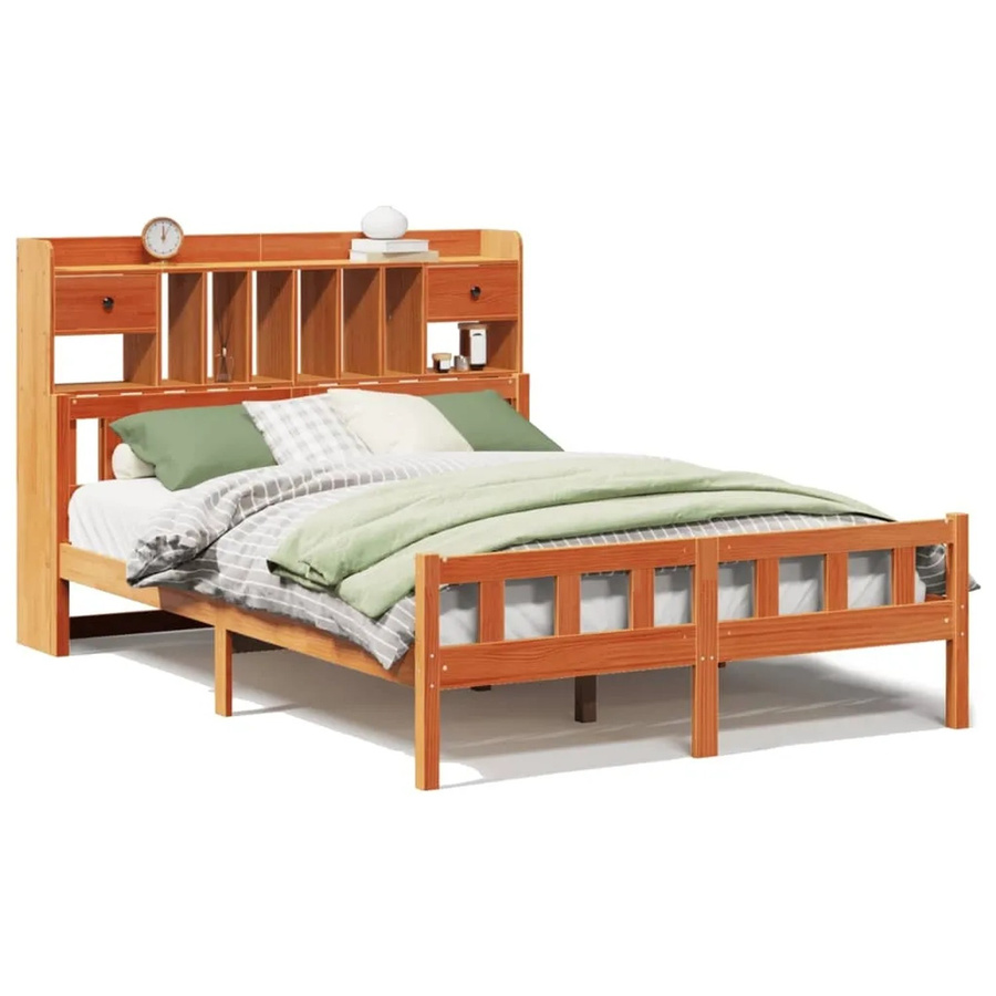 vidaXL Massivholzbett aus Kiefernholz mit Kopfteil und Regal in Braun, B/T/H: 150 x 200 cm - Bild 2