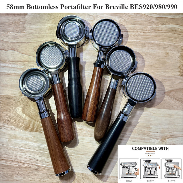 YUAN-ECT Bodenloser Siebträger mit Massivholzgriff für Breville BES900/920/980 in Braun inklusive 8g/18g/22g Siebkorb - Bild 1