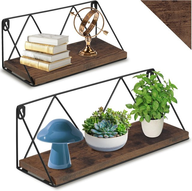 tectake 2er Set Wandregal Rockport Industrial Style aus Stahl und Holz in Braun, B/T/H: 41 x 13 x 14,5 cm - Bild 1