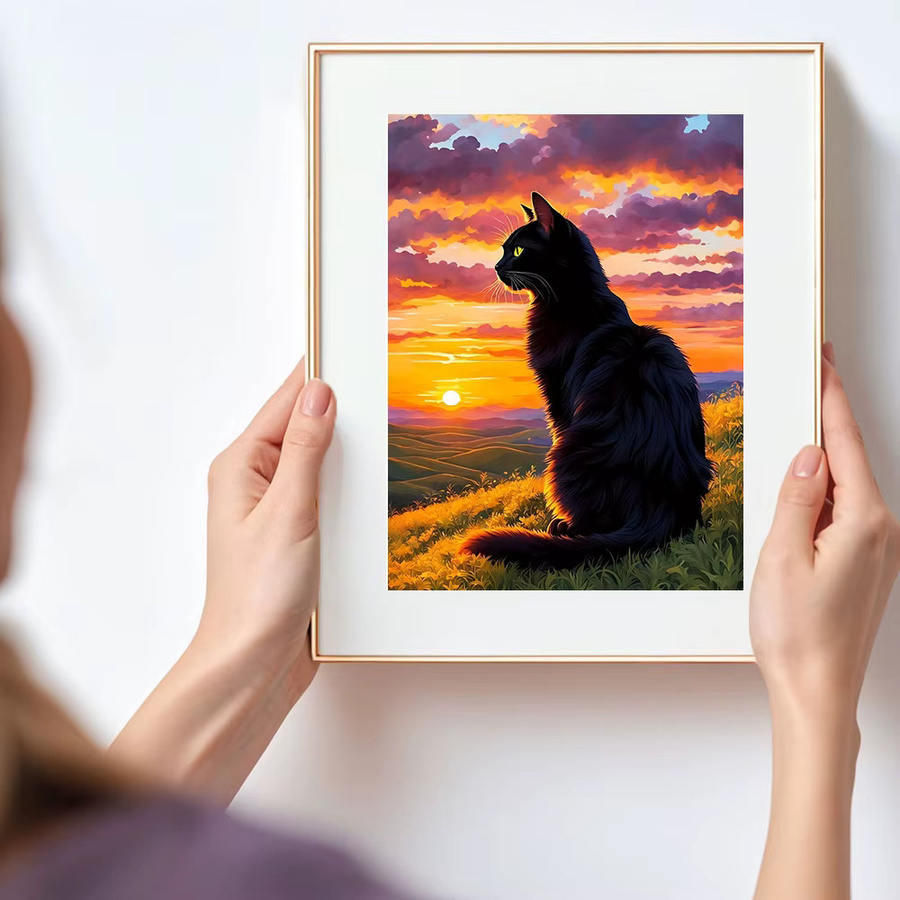 Huacan Volldiamantgemälde Katze im Sonnenuntergang als Diamant Mosaik Tierlandschaft in Multicolour, B: 30,0 cm, H: 20,0 cm - Bild 3