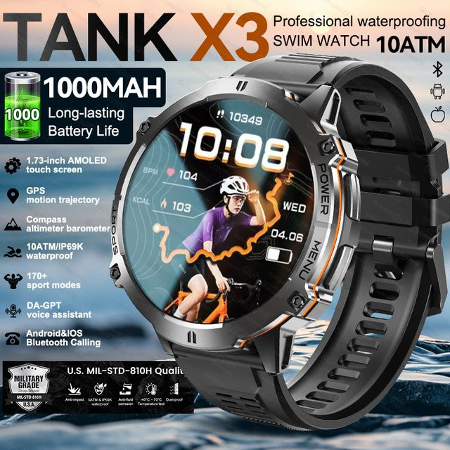 GUHUAVMI Smartwatch, Schwarz, GPS, 10 ATM, Silikon, Herren - Bild 1